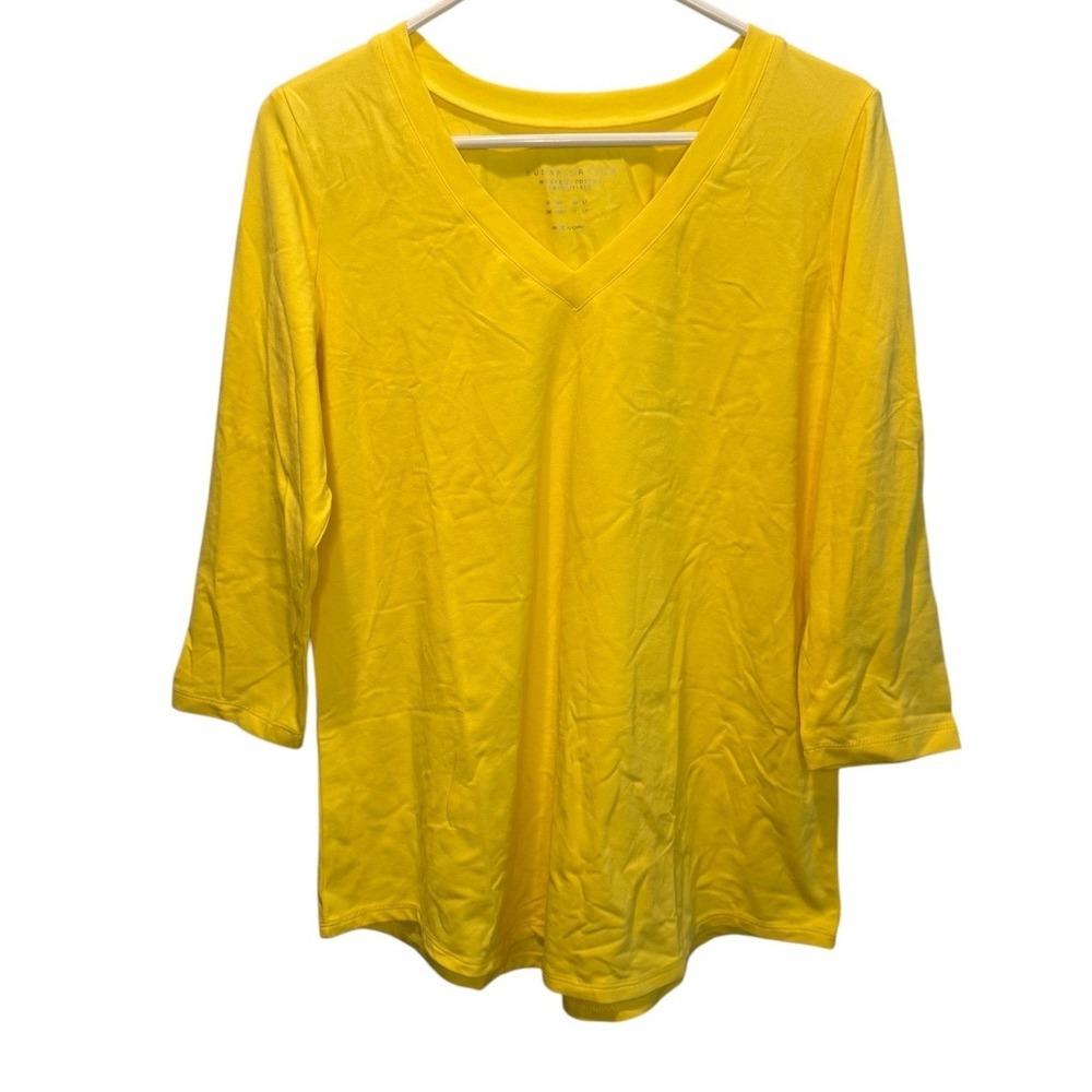 Susan Graver Weekend Cotton Essentials Yellow V-Neck 3/4 Sleeve Top MP NEW
